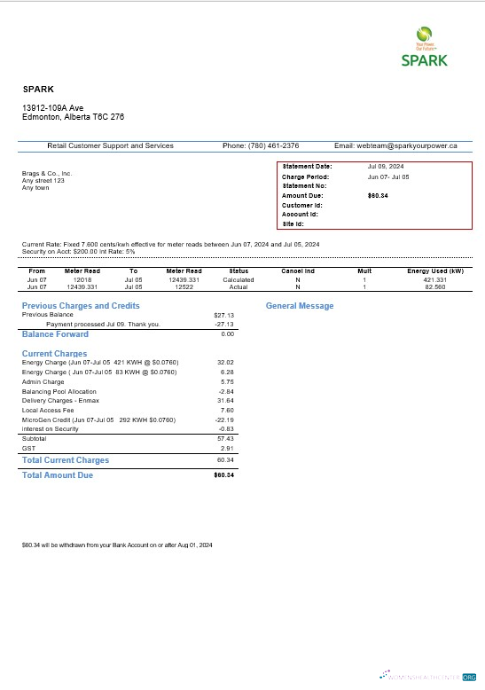 Download Canada Alberta Spark business utility bill template in Word and pdf formats Photoshop template